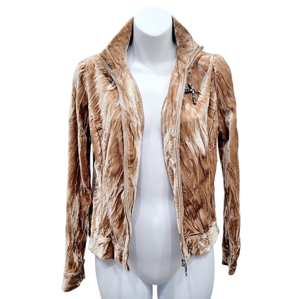 2/$20 Y2K Top Fashion Brown Rhinestone Cross Zip Up Jacket Size: Small